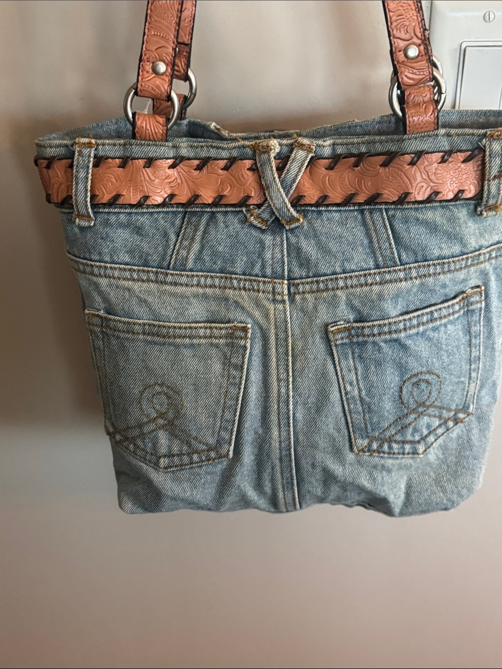 Denim Tote Shoulder Bag with Embossed Brown Trim - Picture 5 of 8